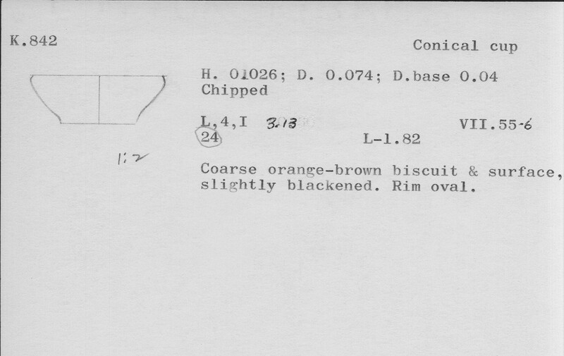 Index card with typed and handwritten information, sometimes including a sketch, of pottery from an excavation.