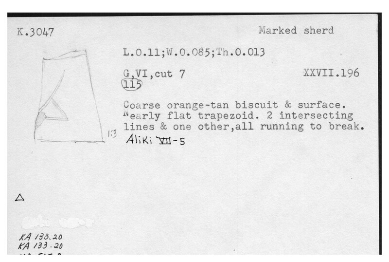 Index card with typed and handwritten information, sometimes including a sketch, of pottery from an excavation.