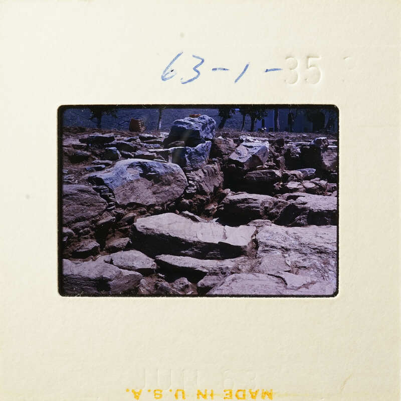 Rocky landscape with scattered stones and vegetation.