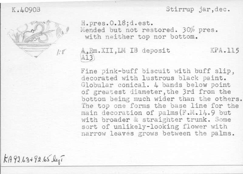 Index card with typed and handwritten information, sometimes including a sketch, of pottery from an excavation.