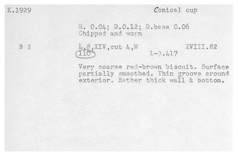Index card with typed and handwritten information, sometimes including a sketch, of pottery from an excavation.