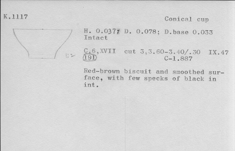 Index card with typed and handwritten information, sometimes including a sketch, of pottery from an excavation.