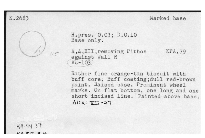 Index card with typed and handwritten information, sometimes including a sketch, of pottery from an excavation.