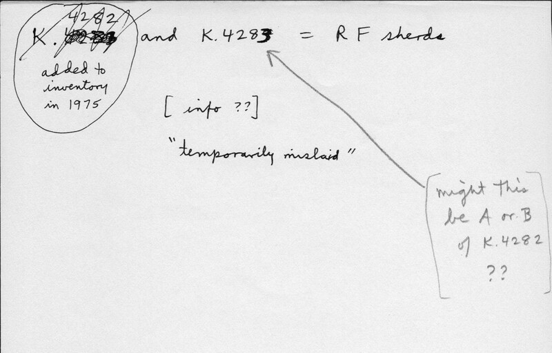 Index card with typed and handwritten information, sometimes including a sketch, of pottery from an excavation.