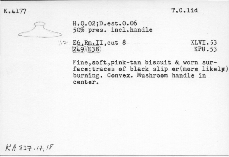 Index card with typed and handwritten information, sometimes including a sketch, of pottery from an excavation.