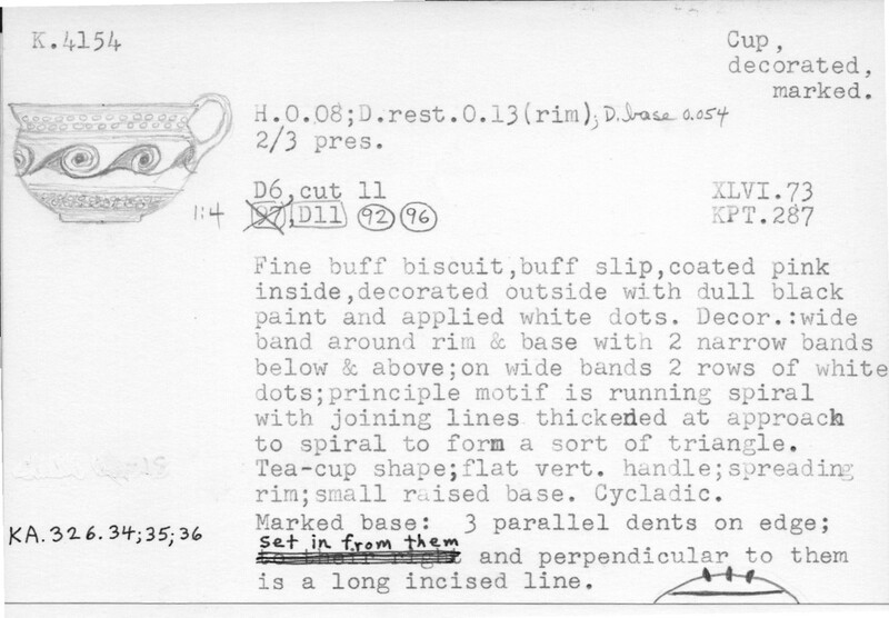 Index card with typed and handwritten information, sometimes including a sketch, of pottery from an excavation.