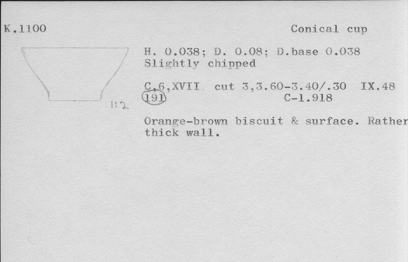 Index card with typed and handwritten information, sometimes including a sketch, of pottery from an excavation.