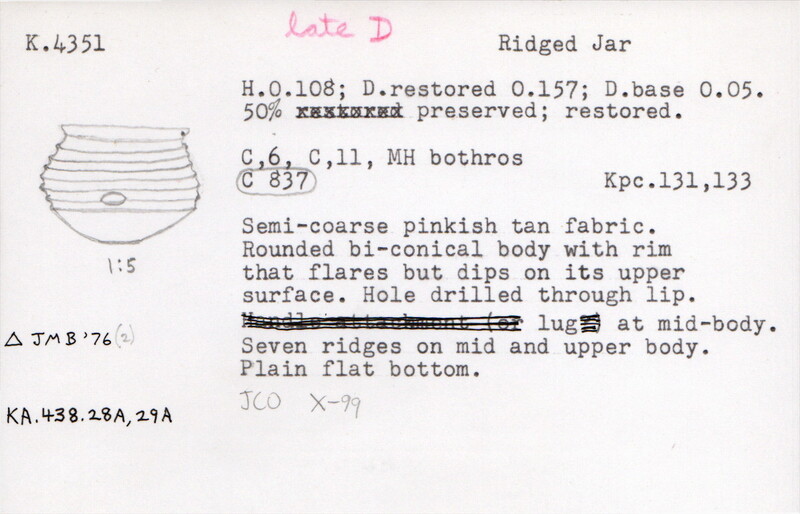 Index card with typed and handwritten information, sometimes including a sketch, of pottery from an excavation.