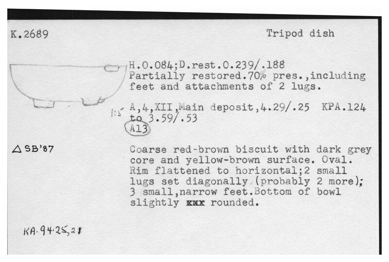 Index card with typed and handwritten information, sometimes including a sketch, of pottery from an excavation.