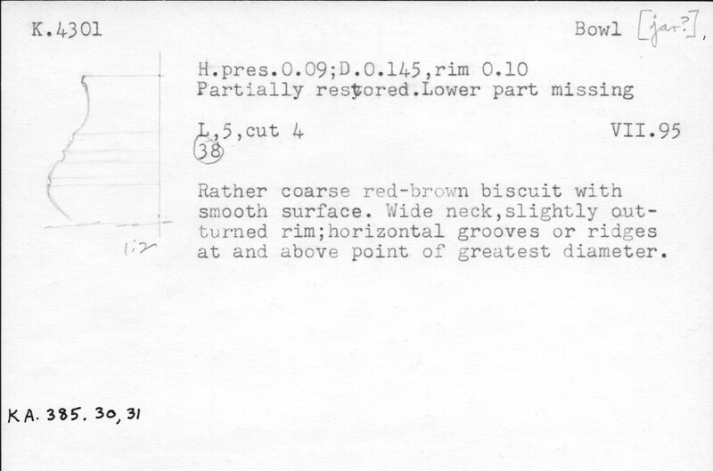 Index card with typed and handwritten information, sometimes including a sketch, of pottery from an excavation.