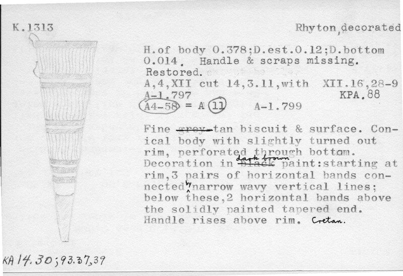 Index card with typed and handwritten information, sometimes including a sketch, of pottery from an excavation.