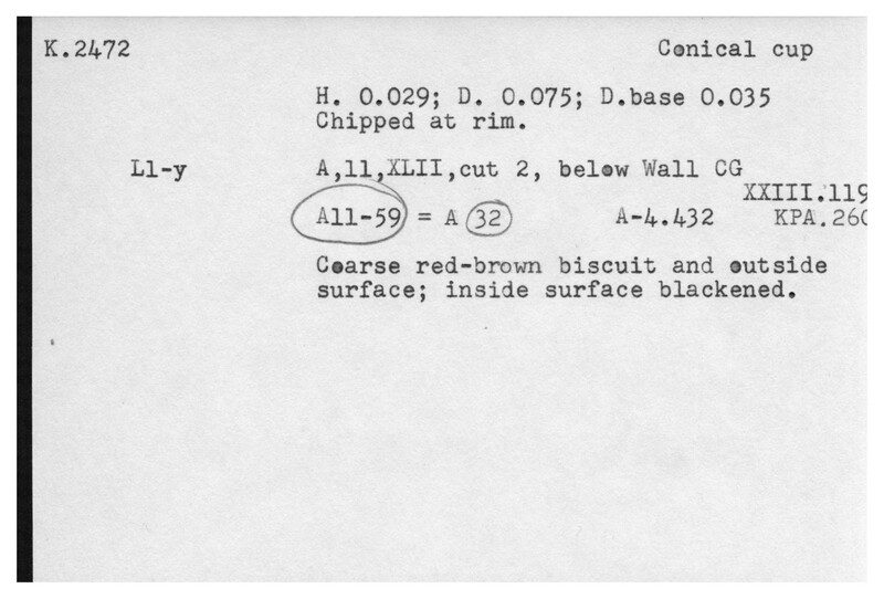Index card with typed and handwritten information, sometimes including a sketch, of pottery from an excavation.