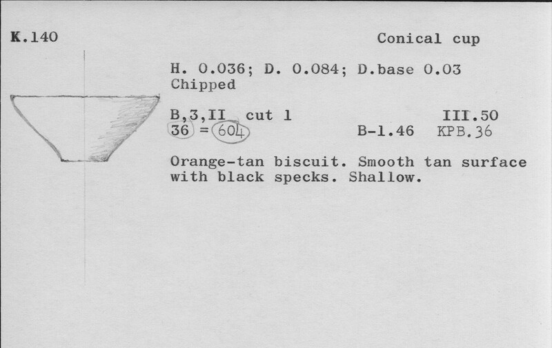 Index card with typed and handwritten information, sometimes including a sketch, of pottery from an excavation.