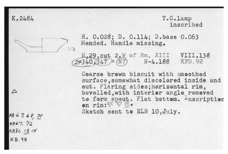 Index card with typed and handwritten information, sometimes including a sketch, of pottery from an excavation.