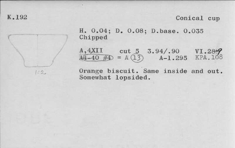 Index card with typed and handwritten information, sometimes including a sketch, of pottery from an excavation.