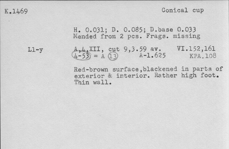 Index card with typed and handwritten information, sometimes including a sketch, of pottery from an excavation.