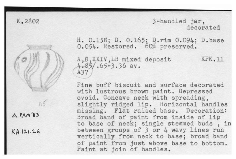Index card with typed and handwritten information, sometimes including a sketch, of pottery from an excavation.