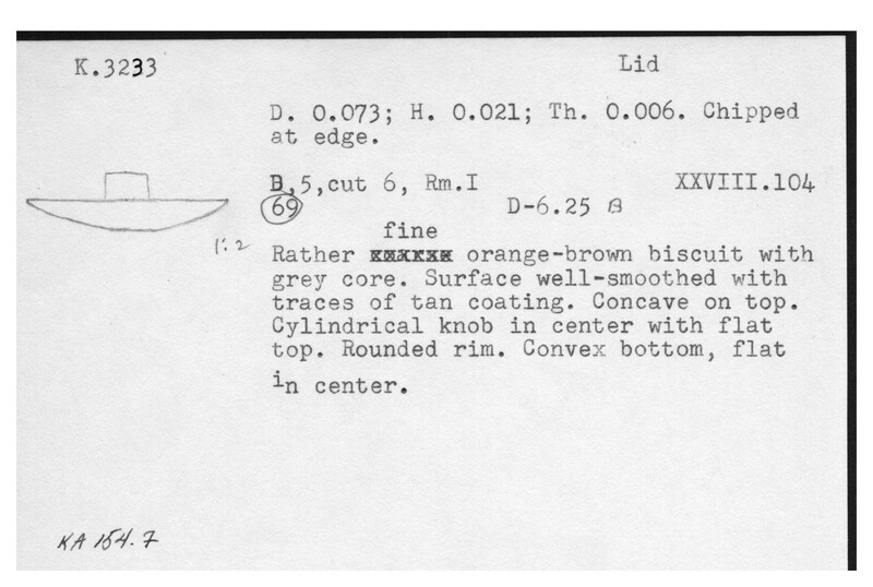 Index card with typed and handwritten information, sometimes including a sketch, of pottery from an excavation.