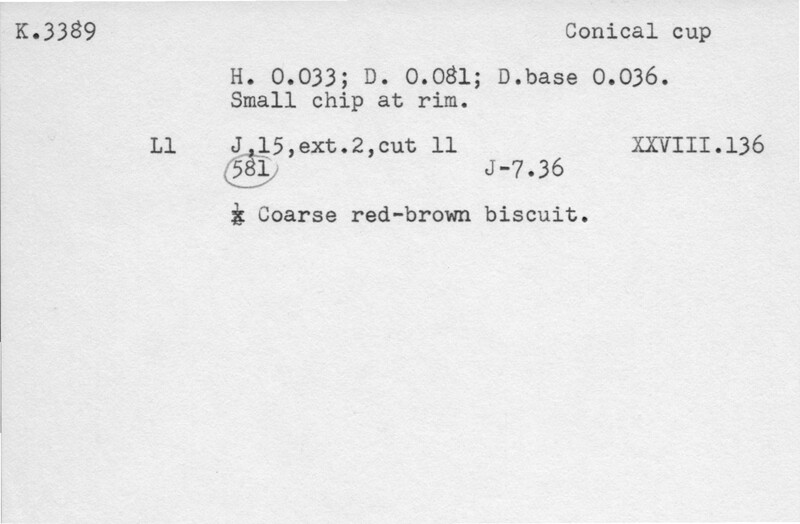 Index card with typed and handwritten information, sometimes including a sketch, of pottery from an excavation.