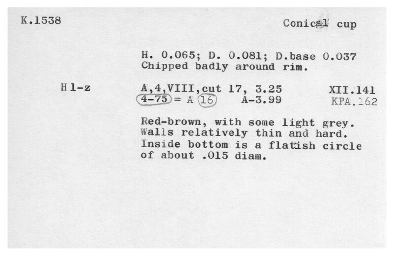 Index card with typed and handwritten information, sometimes including a sketch, of pottery from an excavation.