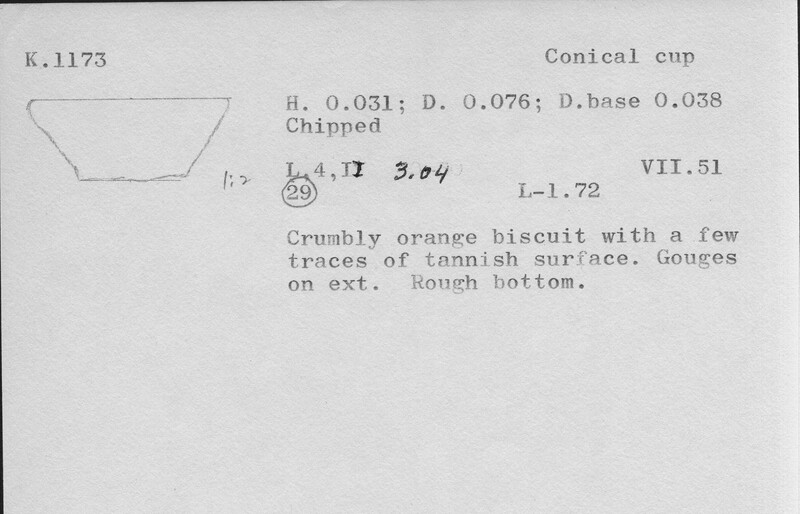Index card with typed and handwritten information, sometimes including a sketch, of pottery from an excavation.