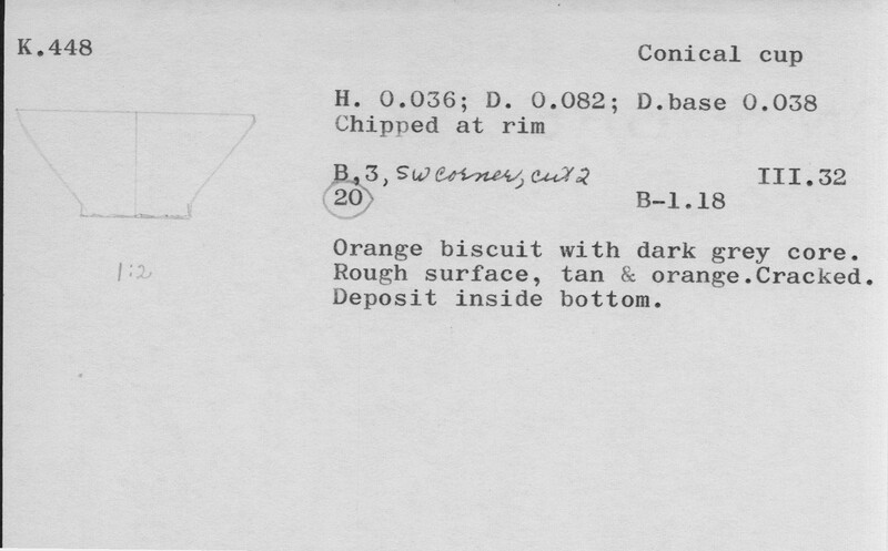 Index card with typed and handwritten information, sometimes including a sketch, of pottery from an excavation.