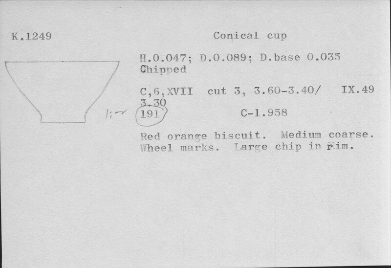 Index card with typed and handwritten information, sometimes including a sketch, of pottery from an excavation.
