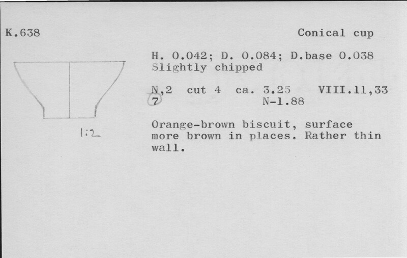 Index card with typed and handwritten information, sometimes including a sketch, of pottery from an excavation.