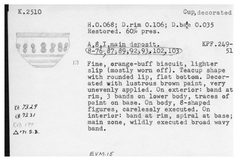 Index card with typed and handwritten information, sometimes including a sketch, of pottery from an excavation.