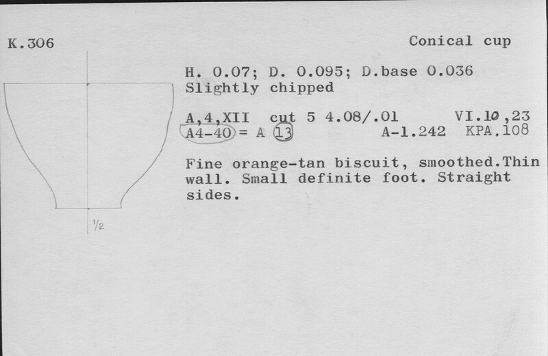 Index card with typed and handwritten information, sometimes including a sketch, of pottery from an excavation.