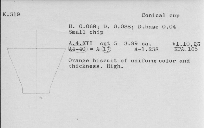 Index card with typed and handwritten information, sometimes including a sketch, of pottery from an excavation.