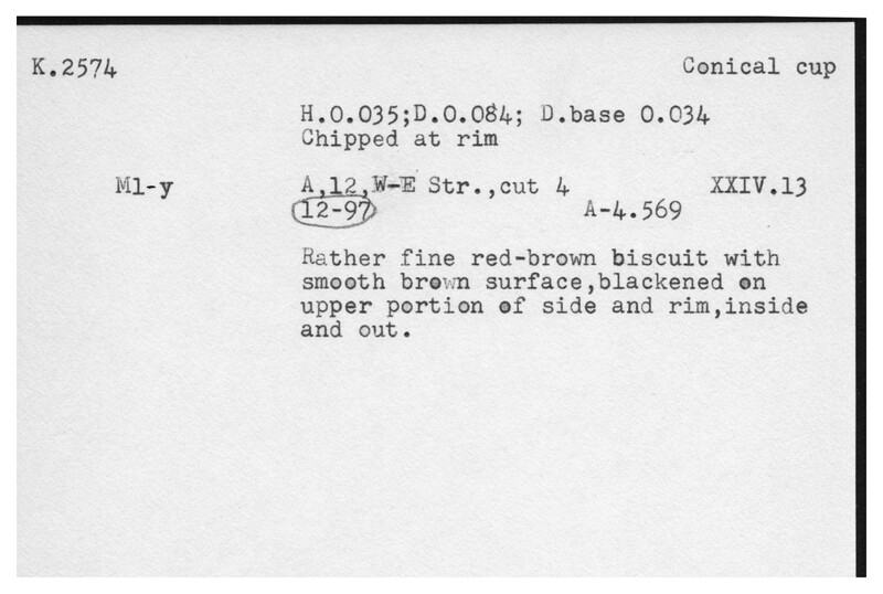 Index card with typed and handwritten information, sometimes including a sketch, of pottery from an excavation.