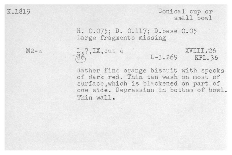 Index card with typed and handwritten information, sometimes including a sketch, of pottery from an excavation.