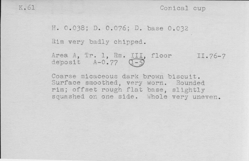 Index card with typed and handwritten information, sometimes including a sketch, of pottery from an excavation.