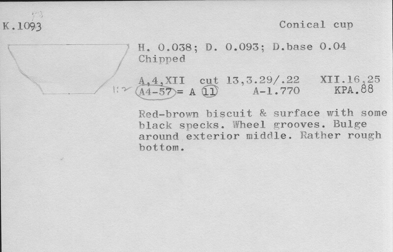 Index card with typed and handwritten information, sometimes including a sketch, of pottery from an excavation.