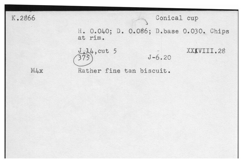 Index card with typed and handwritten information, sometimes including a sketch, of pottery from an excavation.