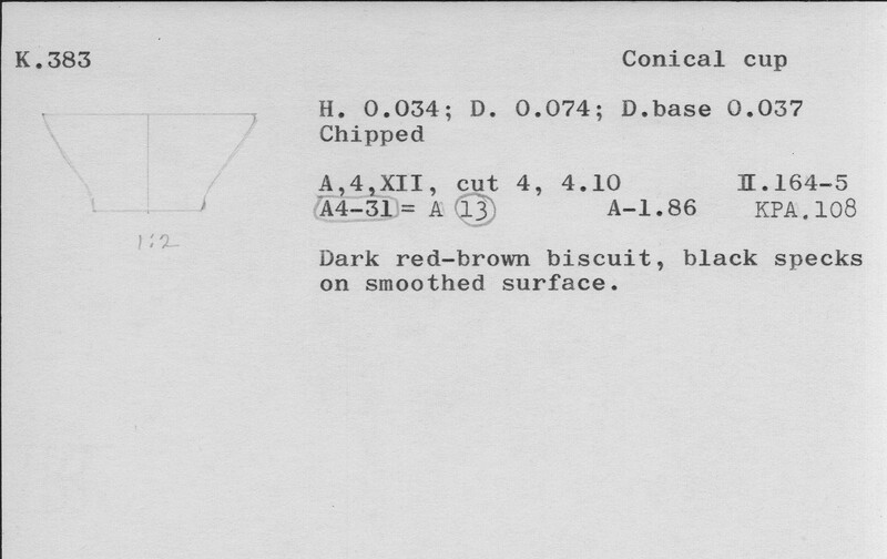Index card with typed and handwritten information, sometimes including a sketch, of pottery from an excavation.