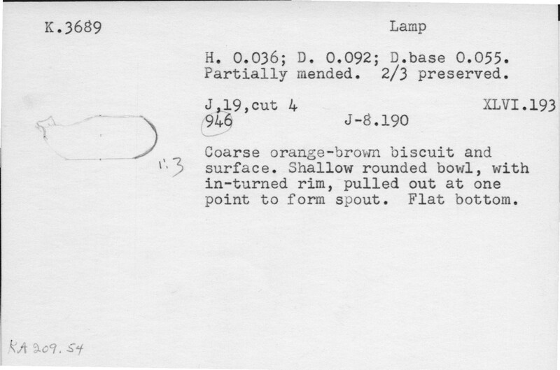 Index card with typed and handwritten information, sometimes including a sketch, of pottery from an excavation.