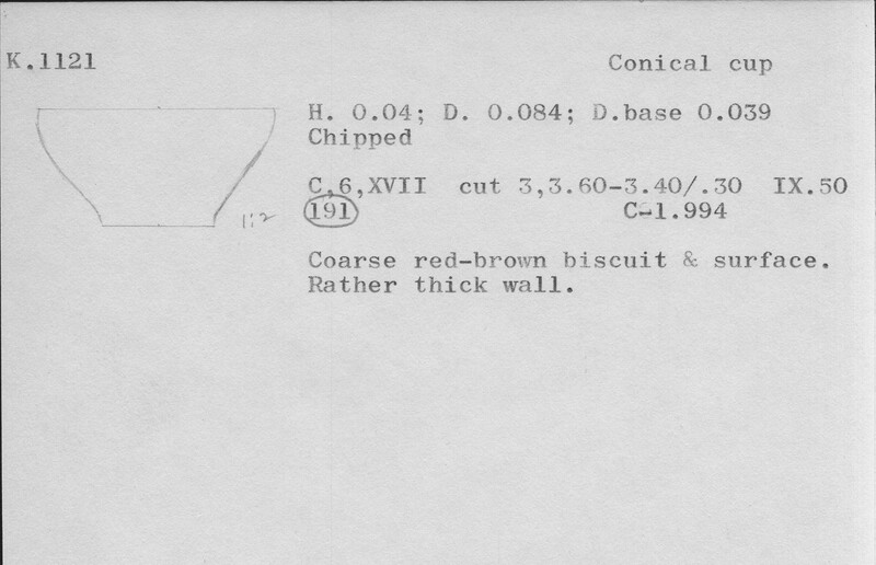 Index card with typed and handwritten information, sometimes including a sketch, of pottery from an excavation.