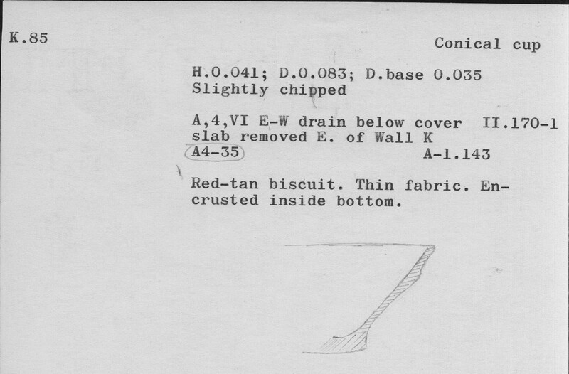 Index card with typed and handwritten information, sometimes including a sketch, of pottery from an excavation.