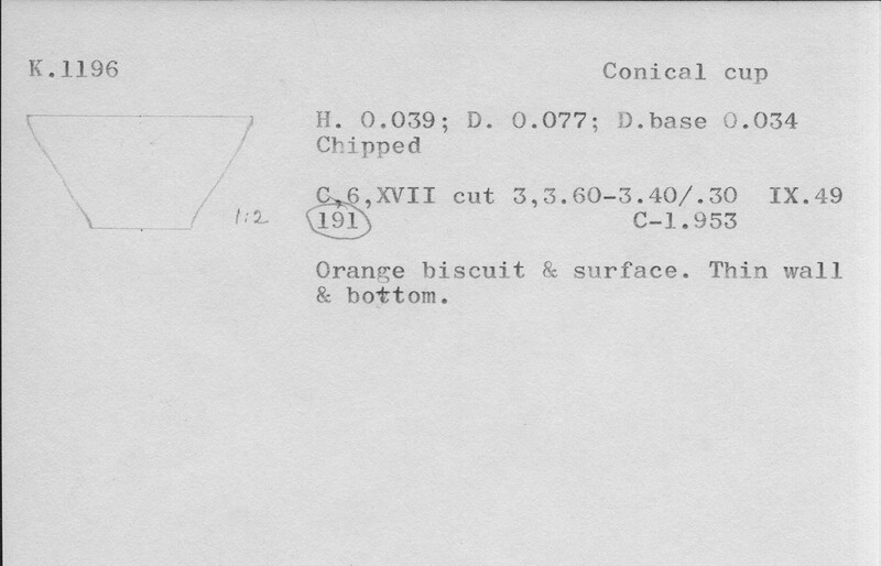 Index card with typed and handwritten information, sometimes including a sketch, of pottery from an excavation.