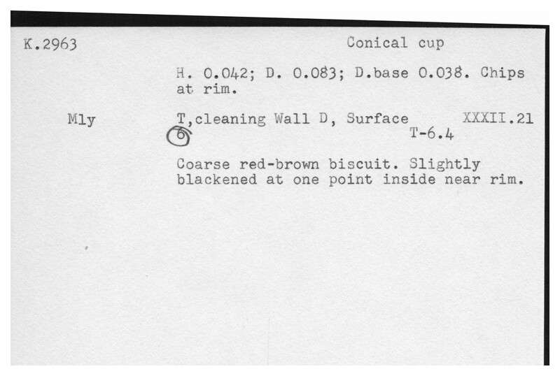 Index card with typed and handwritten information, sometimes including a sketch, of pottery from an excavation.