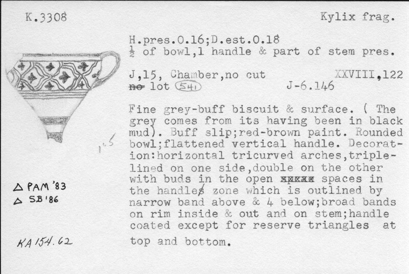Index card with typed and handwritten information, sometimes including a sketch, of pottery from an excavation.