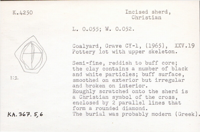 Index card with typed and handwritten information, sometimes including a sketch, of pottery from an excavation.