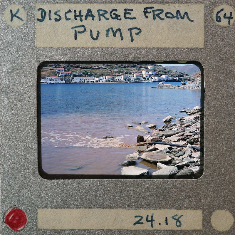 A photograph of a beach with brown water and rocks, enclosed within an old-fashioned film strip.