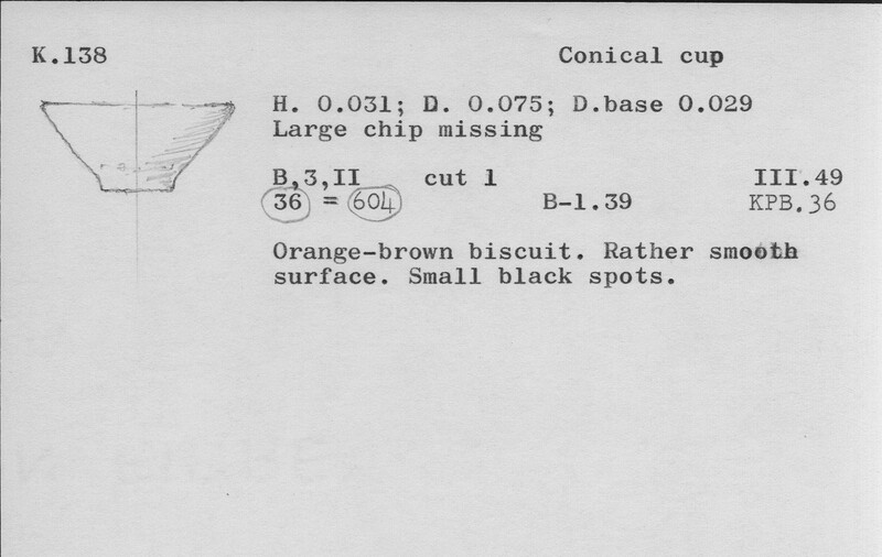 Index card with typed and handwritten information, sometimes including a sketch, of pottery from an excavation.