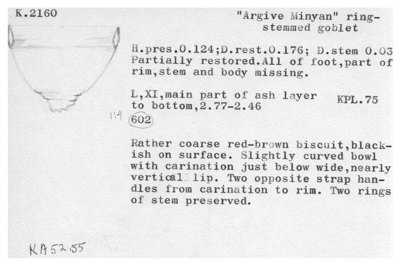 Index card with typed and handwritten information, sometimes including a sketch, of pottery from an excavation.