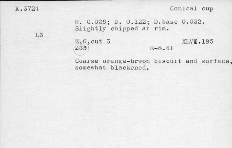 Index card with typed and handwritten information, sometimes including a sketch, of pottery from an excavation.
