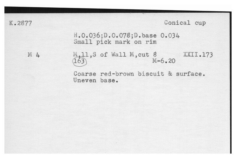 Index card with typed and handwritten information, sometimes including a sketch, of pottery from an excavation.