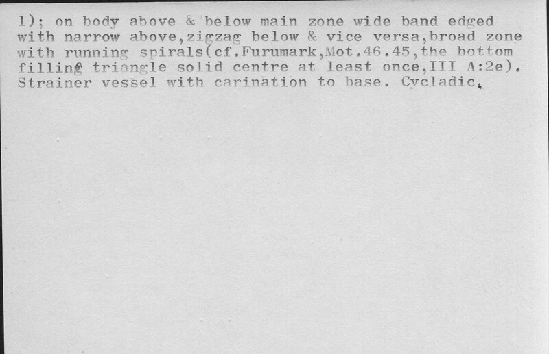 Index card with typed and handwritten information, sometimes including a sketch, of pottery from an excavation.